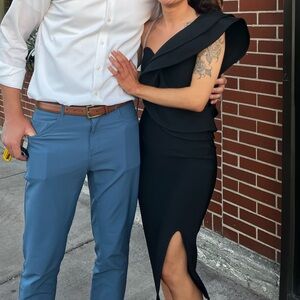 Black One Shoulder Ruffle Midi Dress